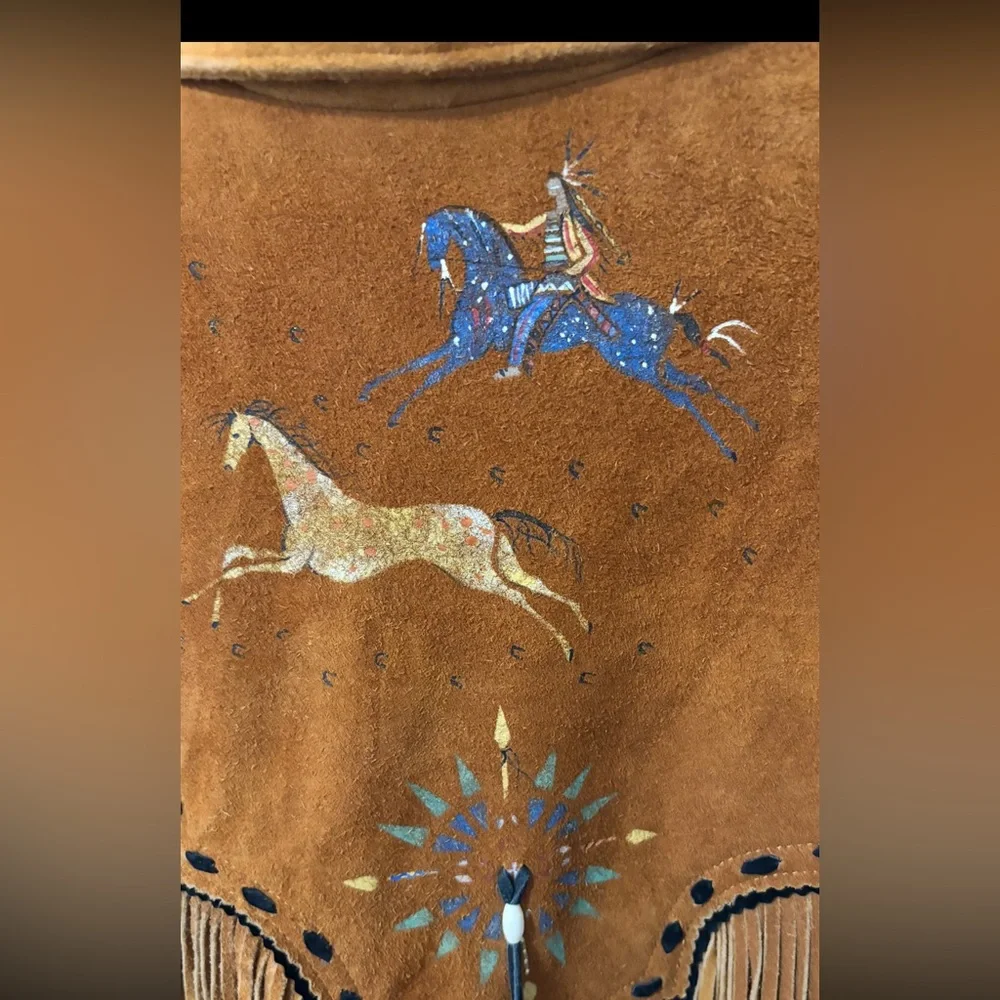 Rare Patricia Wolf Hand Painted Suede Fringe Jacket Western Made in Texas Small - Picture 3 of 10